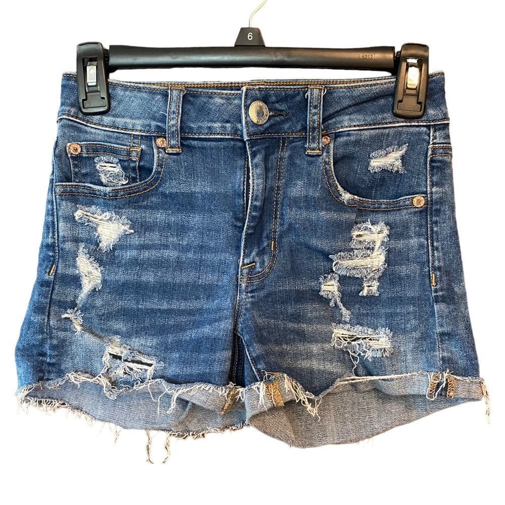 American Eagle Sz 0 Blue Denim Distressed Hi-Rise Shortie Super Stretch Shorts